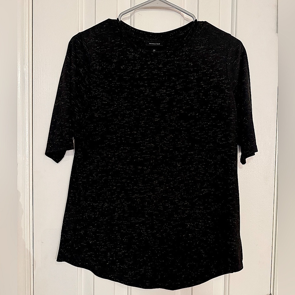 WhoWhatWear Black Top with Sparkling Gold Threading throughout, short sleeves